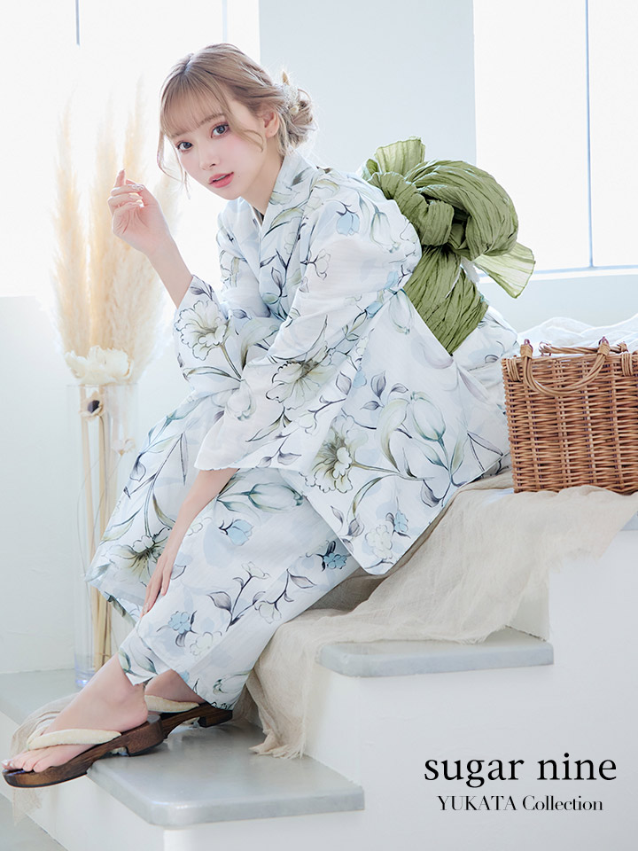 即日発送】水墨風イエロー×ブルー牡丹浴衣 浴衣/帯/飾り紐/下駄4点