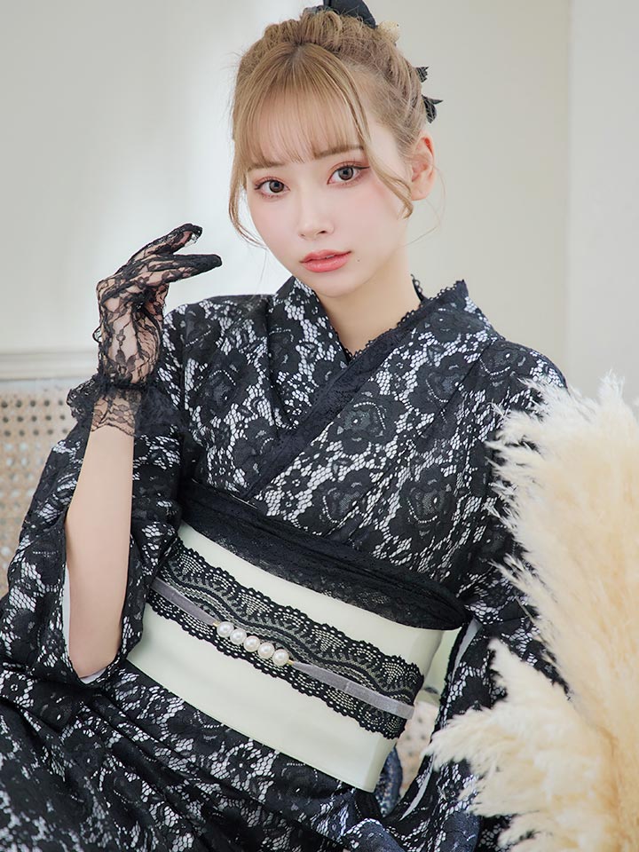 即日発送】ブラックレース浴衣 【浴衣3点セット 浴衣/帯/下駄】[OF04