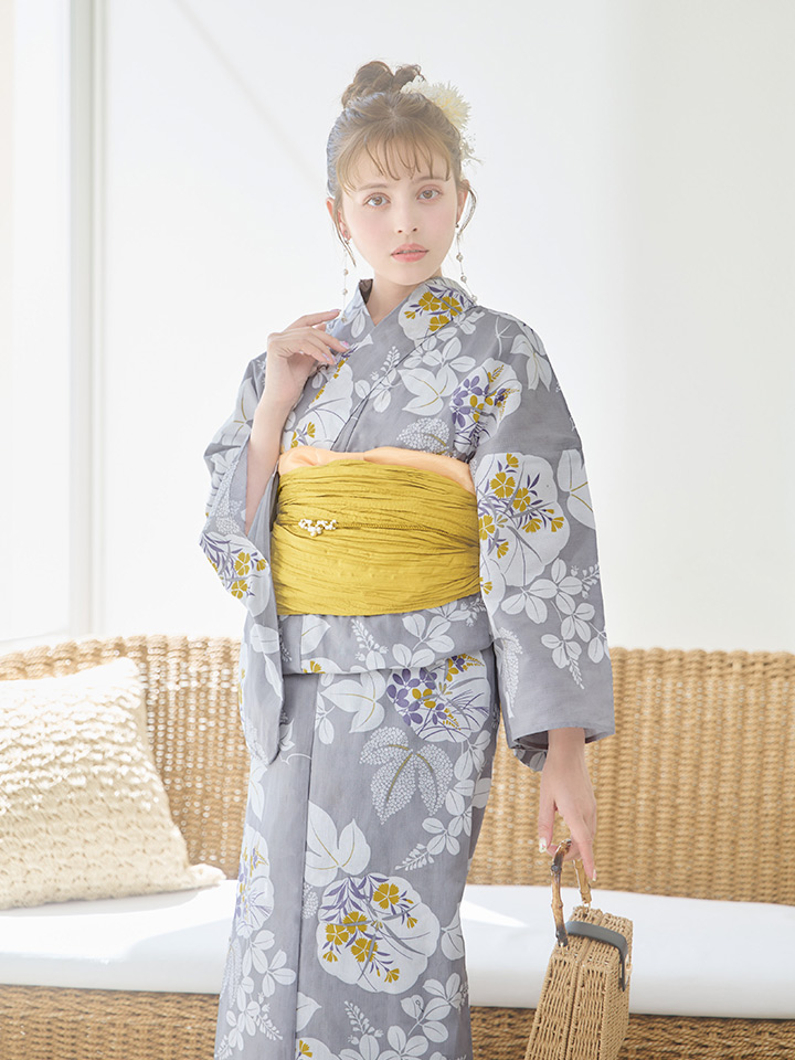 即日発送】グレー×フラワー浴衣【浴衣3点セット 浴衣/帯/下駄】[OF04