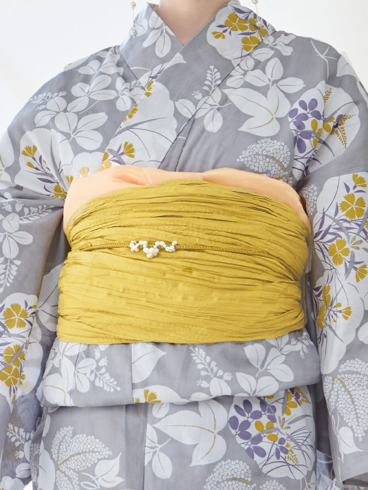 即日発送】グレー×フラワー浴衣【浴衣3点セット 浴衣/帯/下駄】[OF04