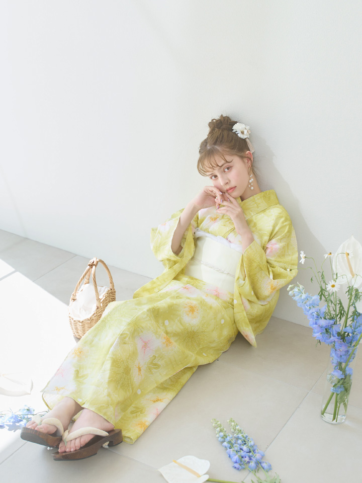 即日発送】イエローグリーン絞り柄浴衣【浴衣3点セット 浴衣/帯/下駄