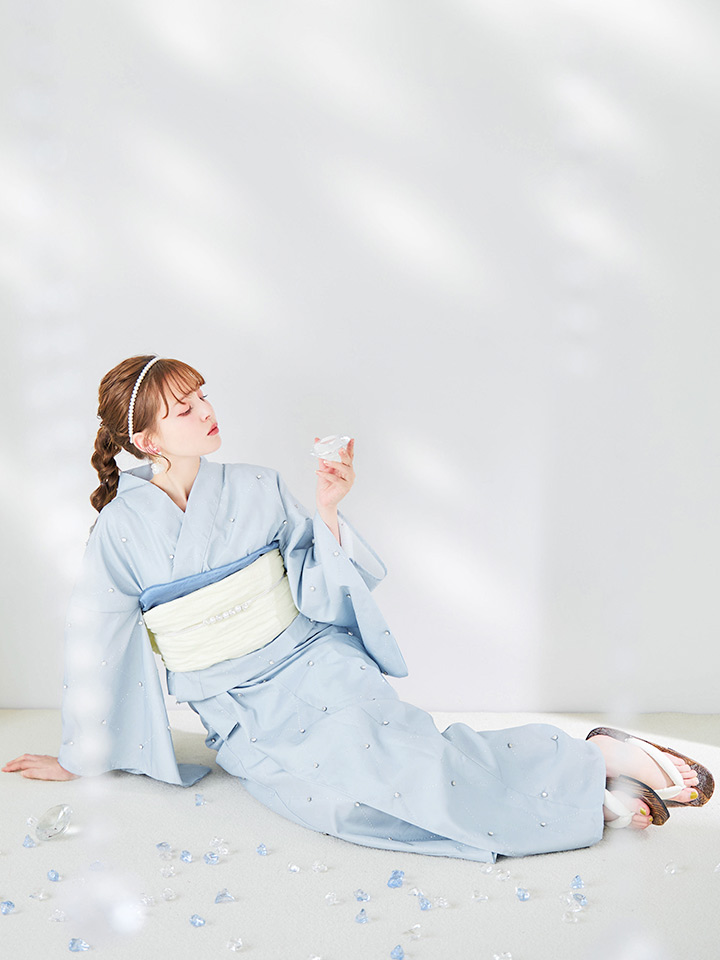 即日発送】アーガイルビジュー浴衣 【浴衣3点セット 浴衣/帯/下駄