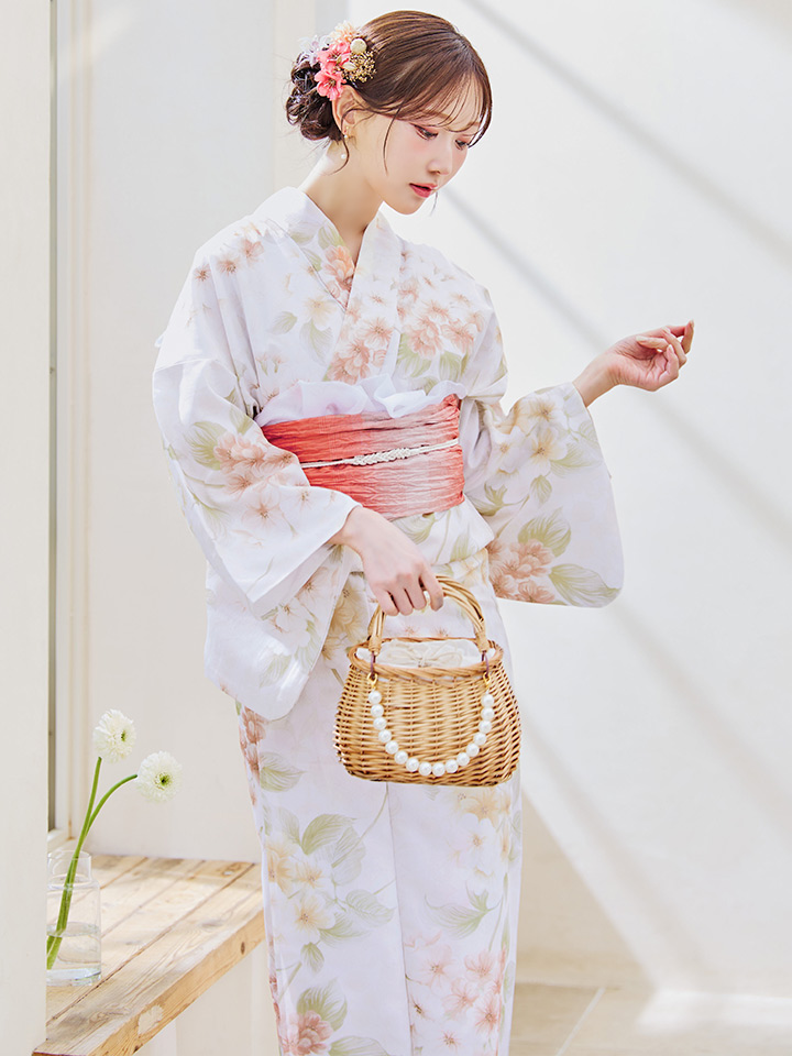 即日発送！】クリームイエロー×オレンジ紫陽花浴衣【浴衣3点セット