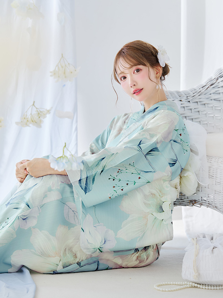 即日発送】洋モダンミントグリーン浴衣【浴衣3点セット 浴衣/帯/下駄