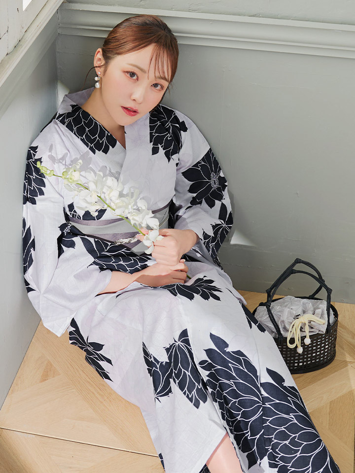 即日発送】モノトーンダリア柄浴衣【浴衣3点セット 浴衣/帯/下駄