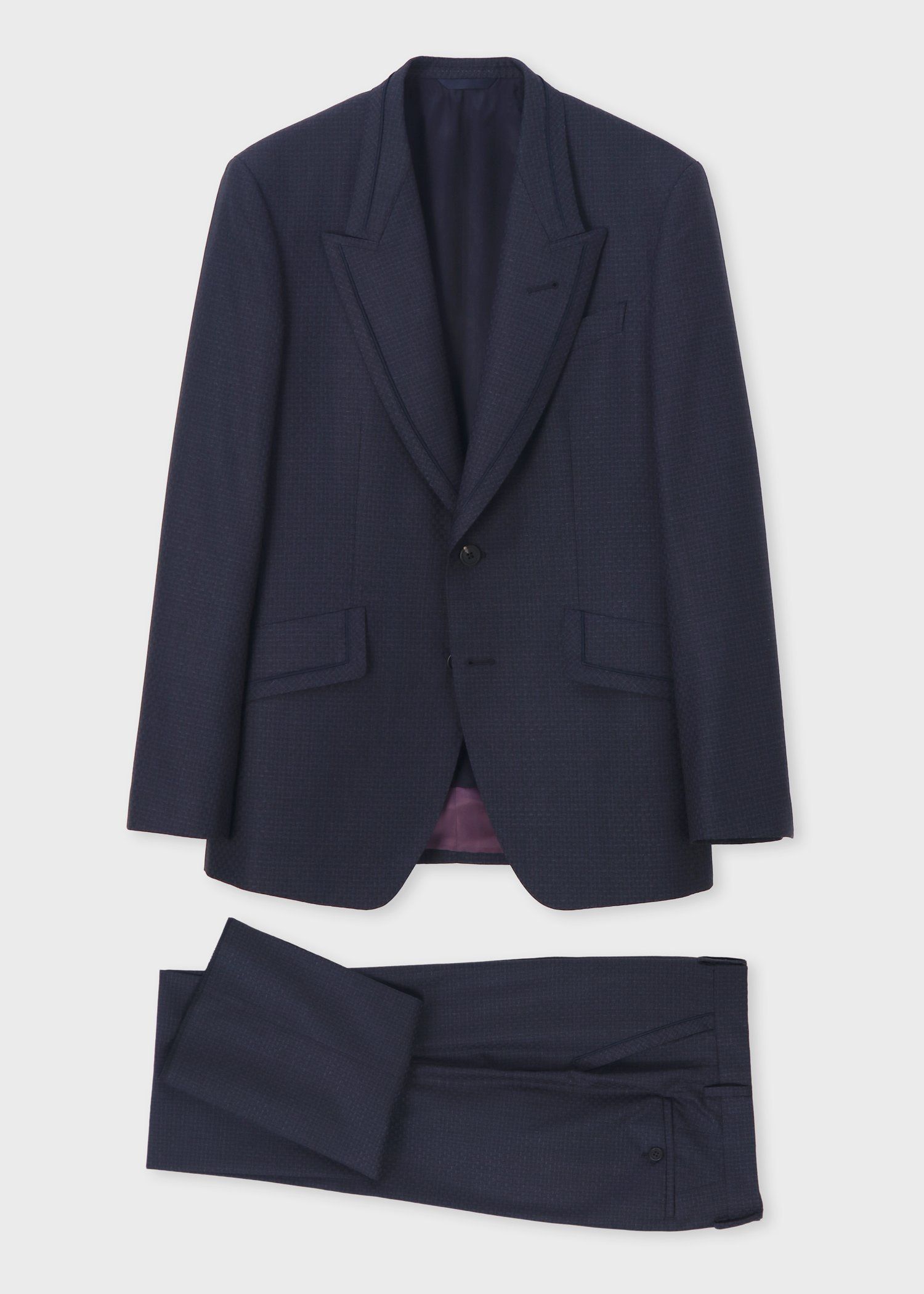 テクスチャードチェック ピークドラペル スーツ（ネイビー） ｜ポール