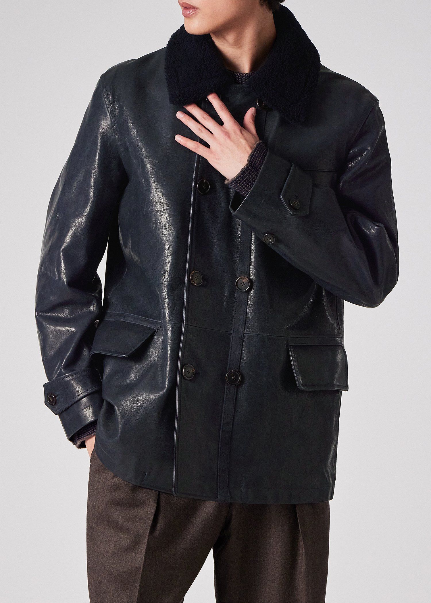 ダブルブレスト ゴートレザーブルゾン（ネイビー） ｜ポール・スミス