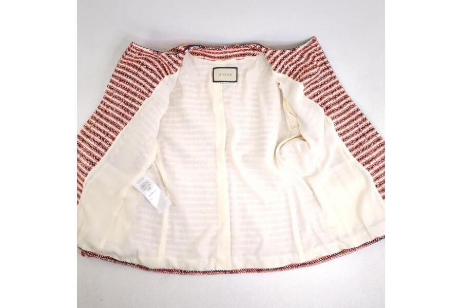 美品 GUCCI ツイード ノーカラー ジャケット 482665 レッド×ホワイト