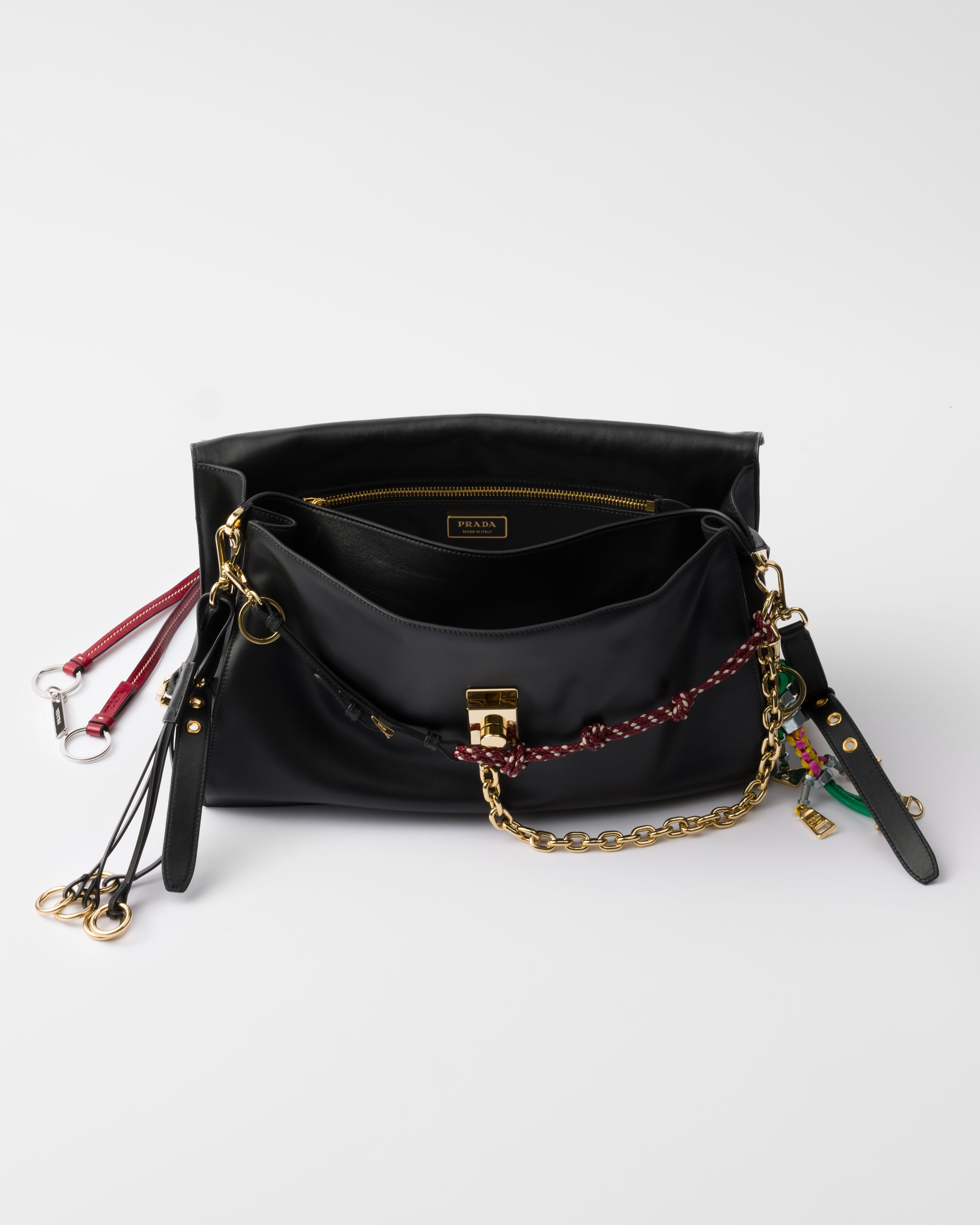 Black Prada Soft Sound Large Leather Shoulder Bag With Charms | PRADA