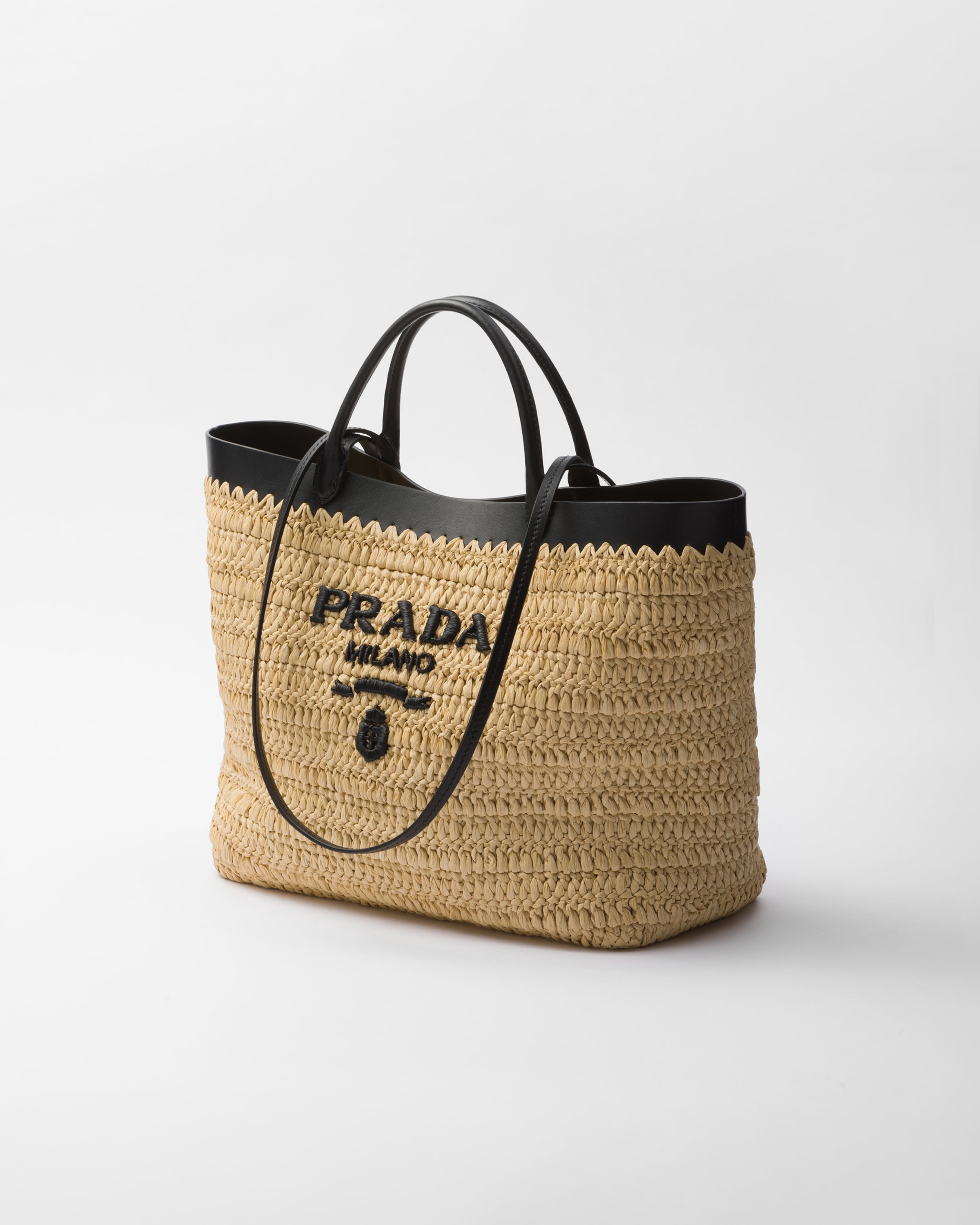 タン/ブラック ミディアム クロシェXレザー トートバッグ | PRADA