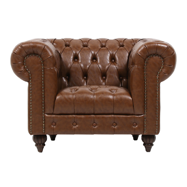 ブラウンPUレザーチェスターフィールドシングルソファ CLUBMAN(クラブ