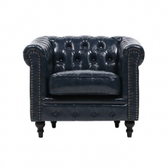 ネイビーブルーPUレザーコンパクトチェスターフィールドシングルソファ