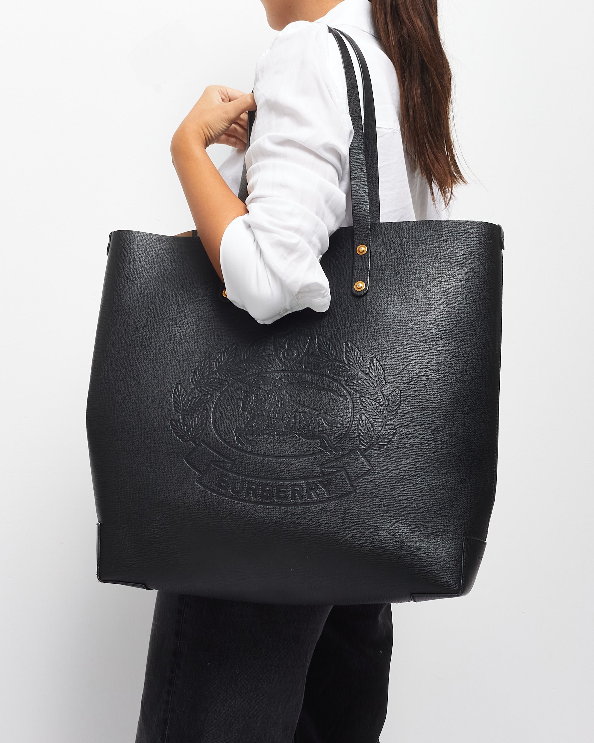 Buy Burberry Black Leather Calfskin Crest Embossed Large Tote Bag