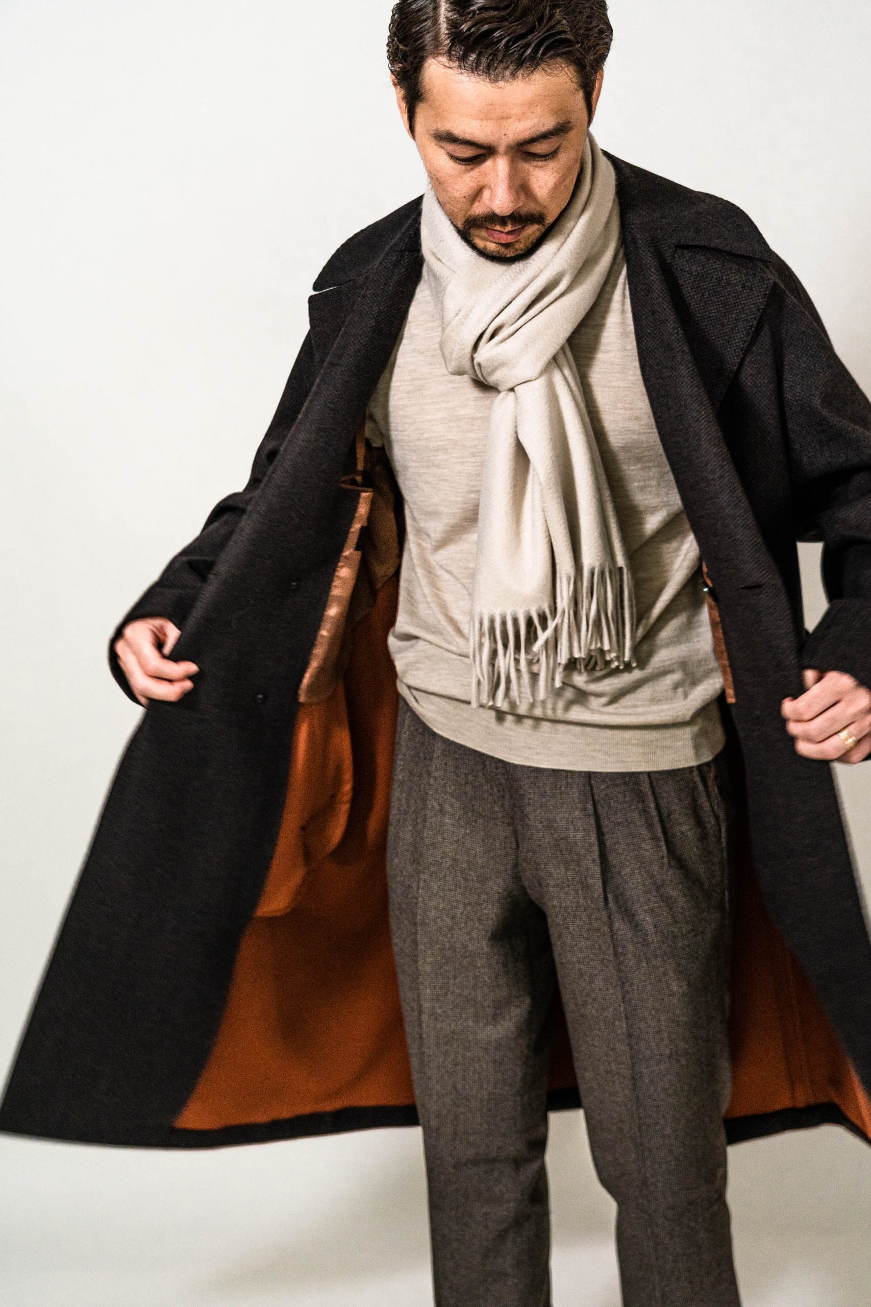 BROWN × ORANGE RAGLAN BELTED COAT | RING JACKET（リングヂャケット