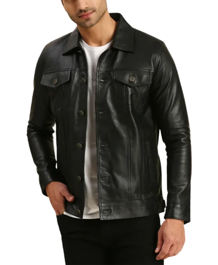 Mens Black Leather Trucker Jacket | William Jacket