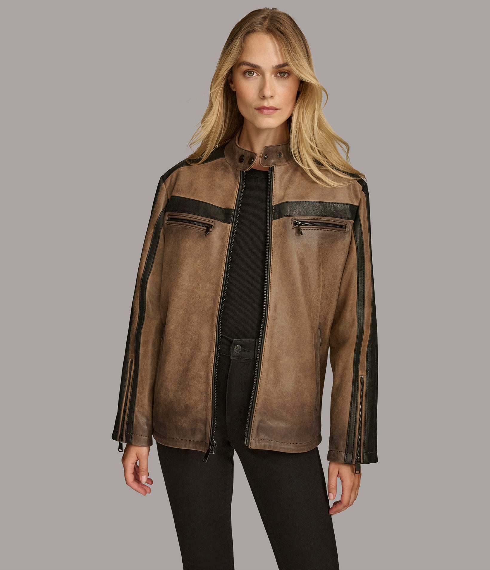 Jade Color Block Leather Racer Jacket | Wilsons Leather
