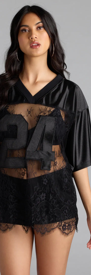 Sporty Chic Lace V-Neck 24 Graphic Jersey Top | Windsor