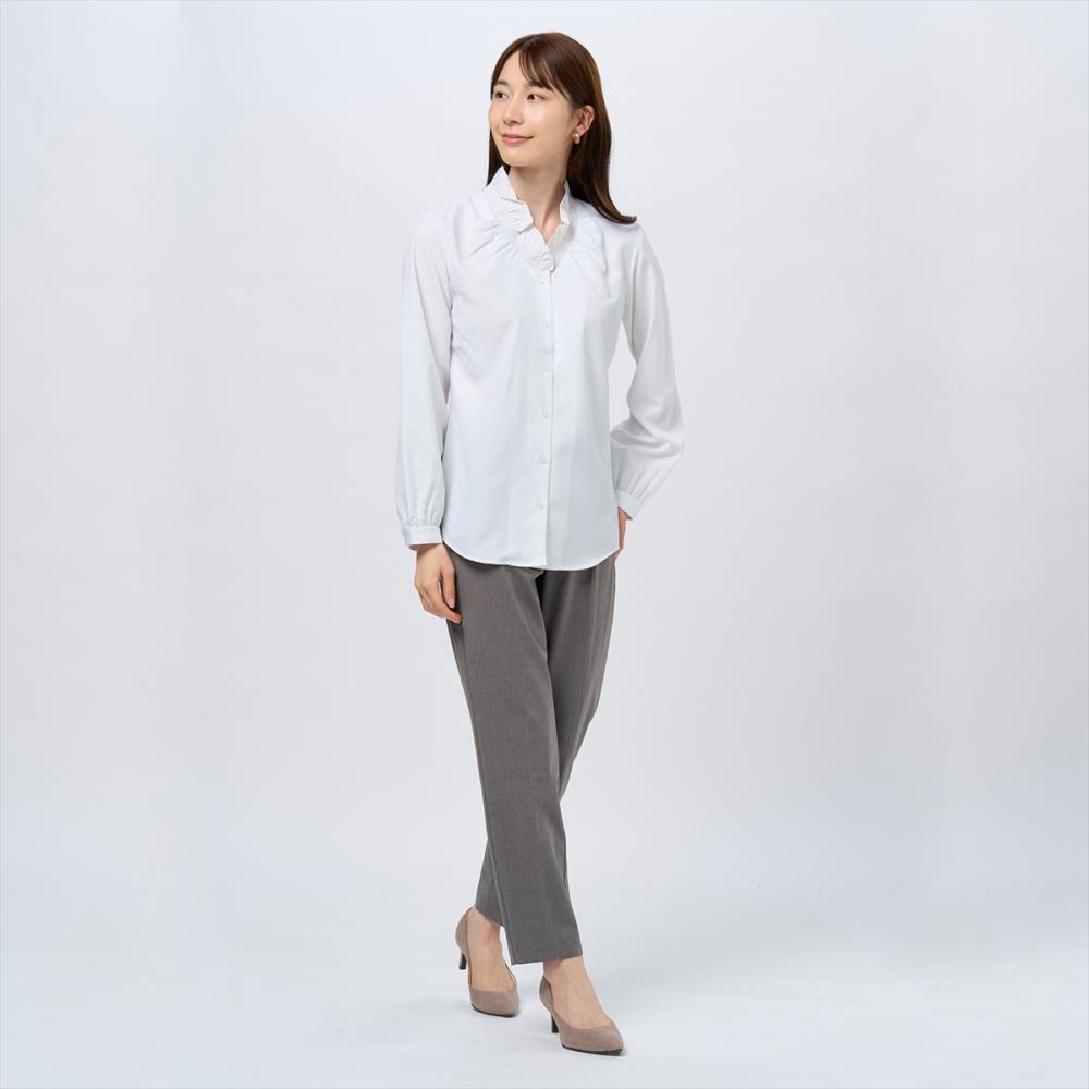 COFREX】 Vネックフリル 長袖 レディースフリルシャツ(S ホワイト