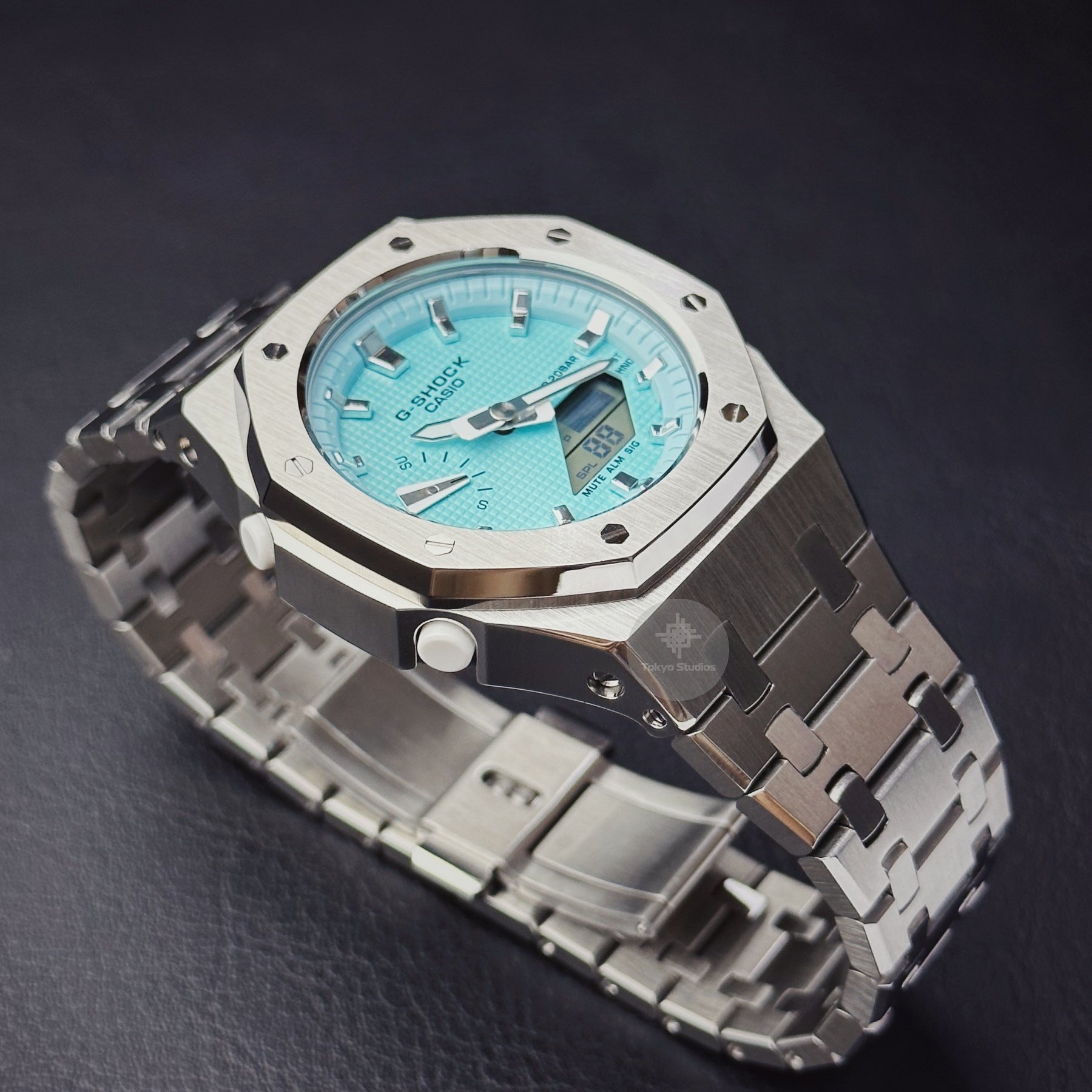 G-SHOCK Mod with Silver Hour Markers & Tiff Blue Face, Silver