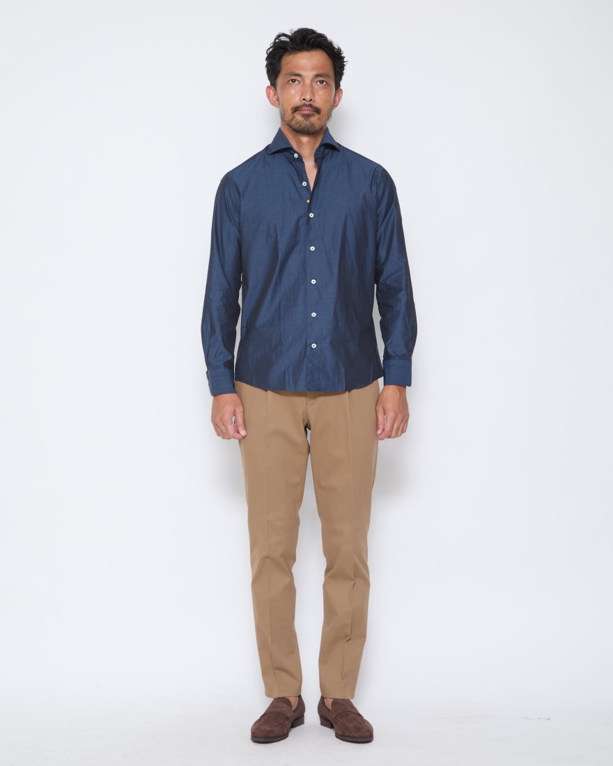 カッタウェイ シャンブレーネイビー シャツ【VINCI FIT/ヴィンチ