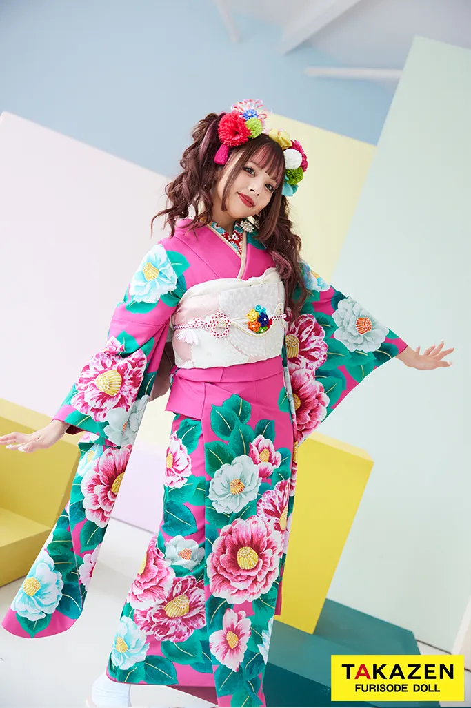 レトロポップ ショッキングピンク 椿柄 個性的 目立つ かわいい