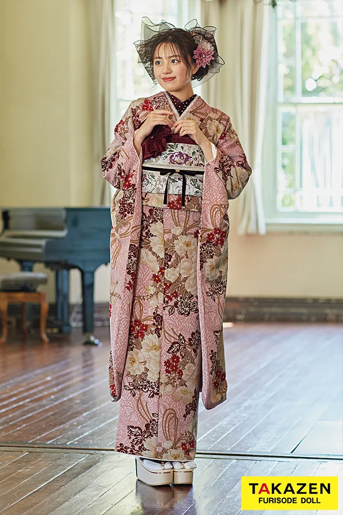 くすみカラーレトロ ダスティーピンク 椿柄/組紐 ガーリー モダン