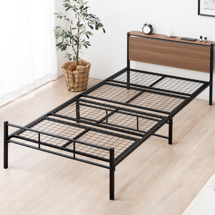 シングル］パイプベッド 耐荷重300kg 高さ2段階調整 宮棚付き 2口