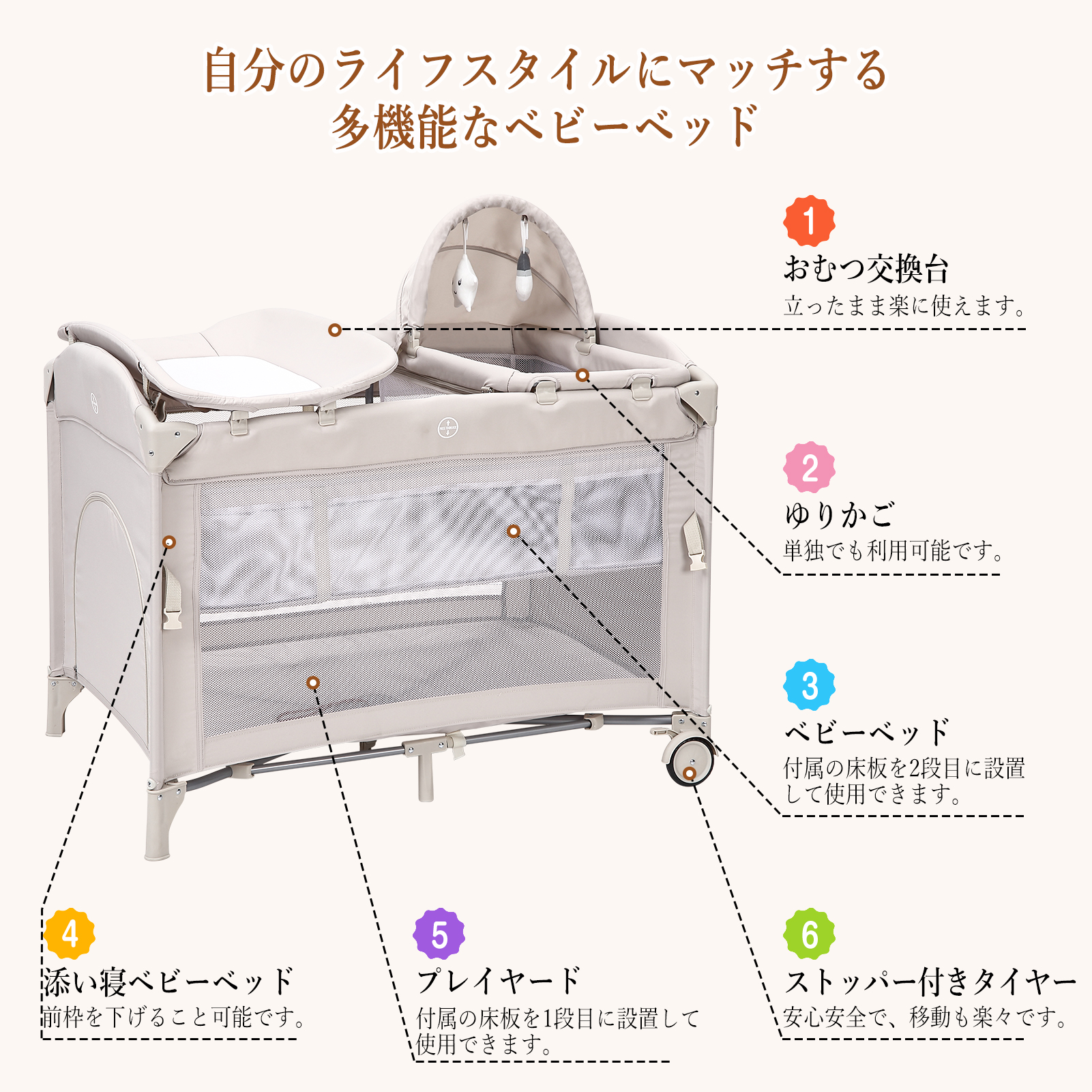 Thinkmax ベビーベッド 折りたたみ 添い寝 揺りかご おむつ交換台 長く