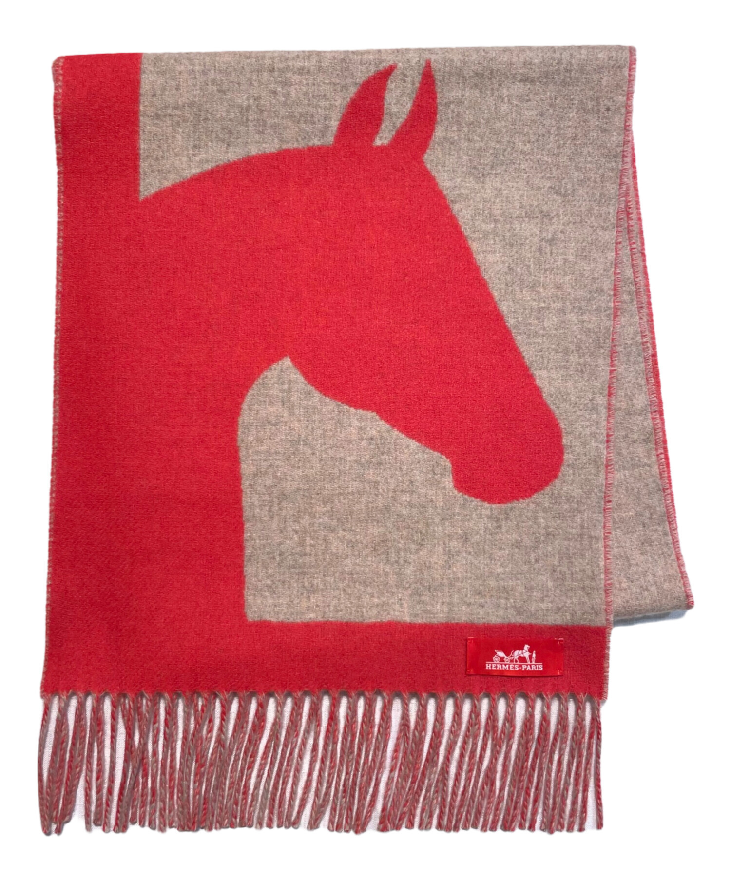 中古・古着通販】HERMES (エルメス) カシミヤマフラー ベージュ×レッド