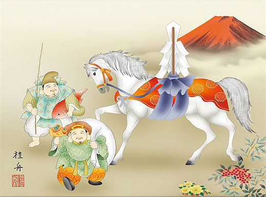 開運・鯉の滝登り 長江桂舟作 恵比寿大黒吉祥馬 干支の掛け軸 午年/馬