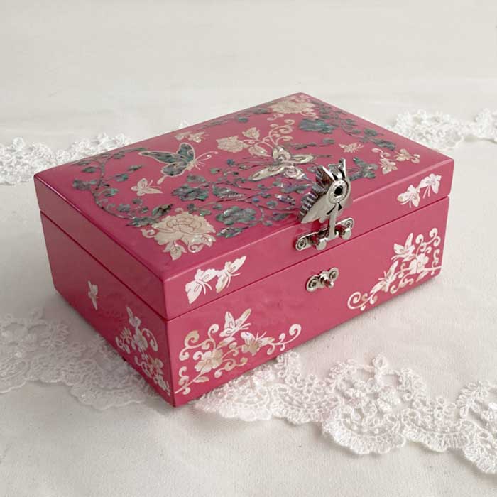 螺鈿の高級ジュエリーボックス・高級螺鈿宝石箱-蝶花ピンク 高級結納品