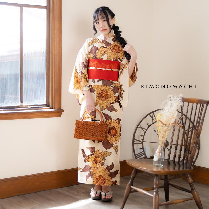 浴衣: YK066 きもの町 クリーム 向日葵に雀とシジュウカラ | 京都着物