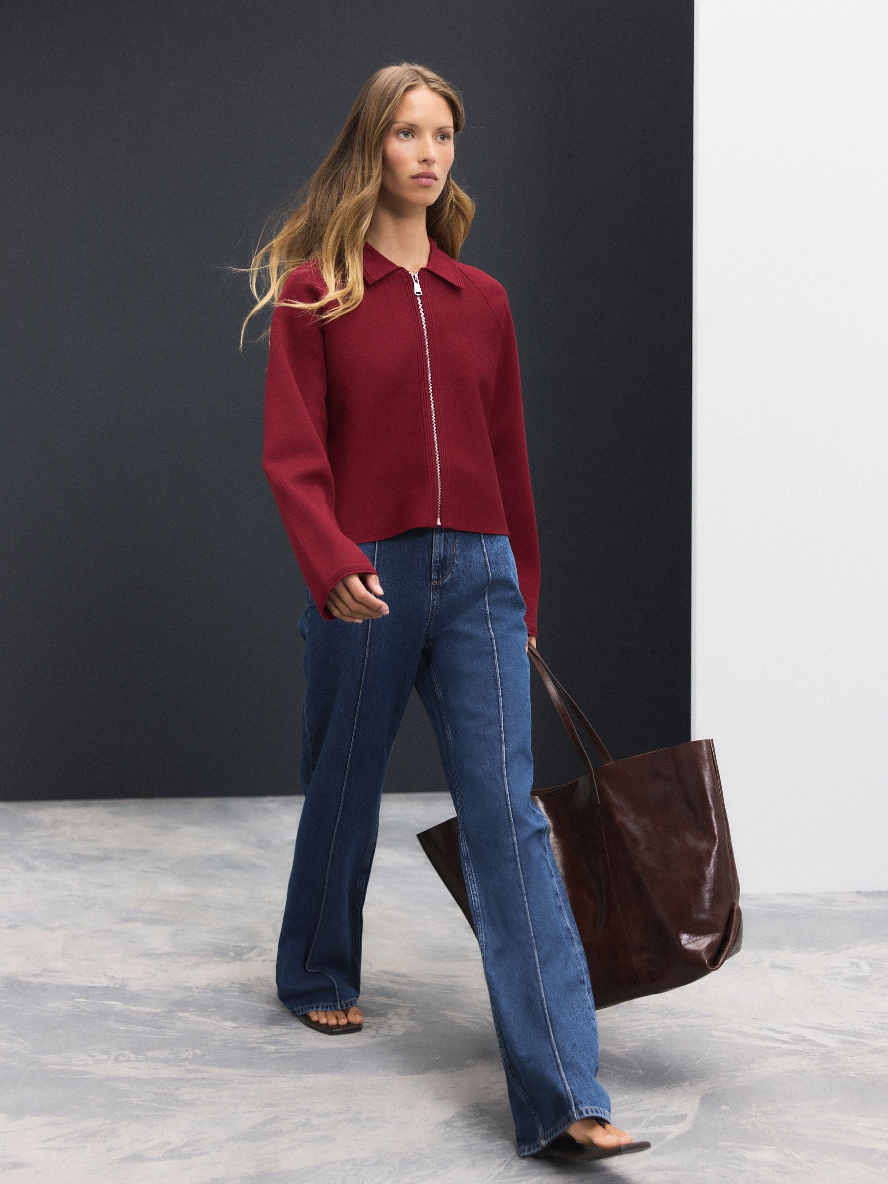 Buy Burgundy Red Smart Zip Through Knitted Collar Jacket from the