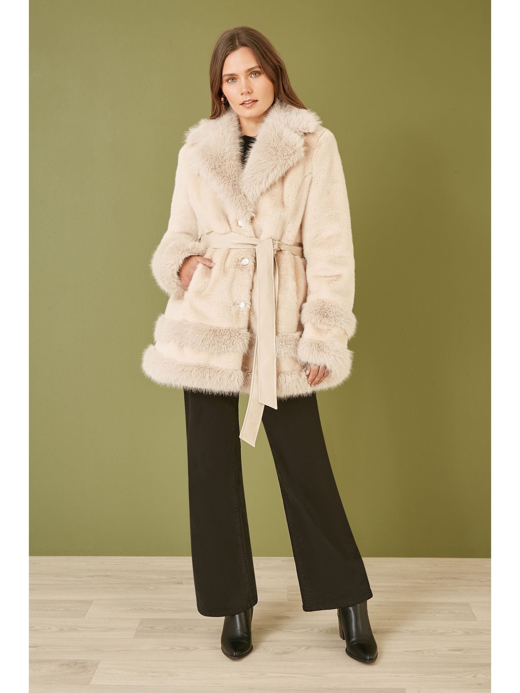 Buy Yumi Cream Luxe Faux Fur Swing Coat With Tie Belt from Next USA