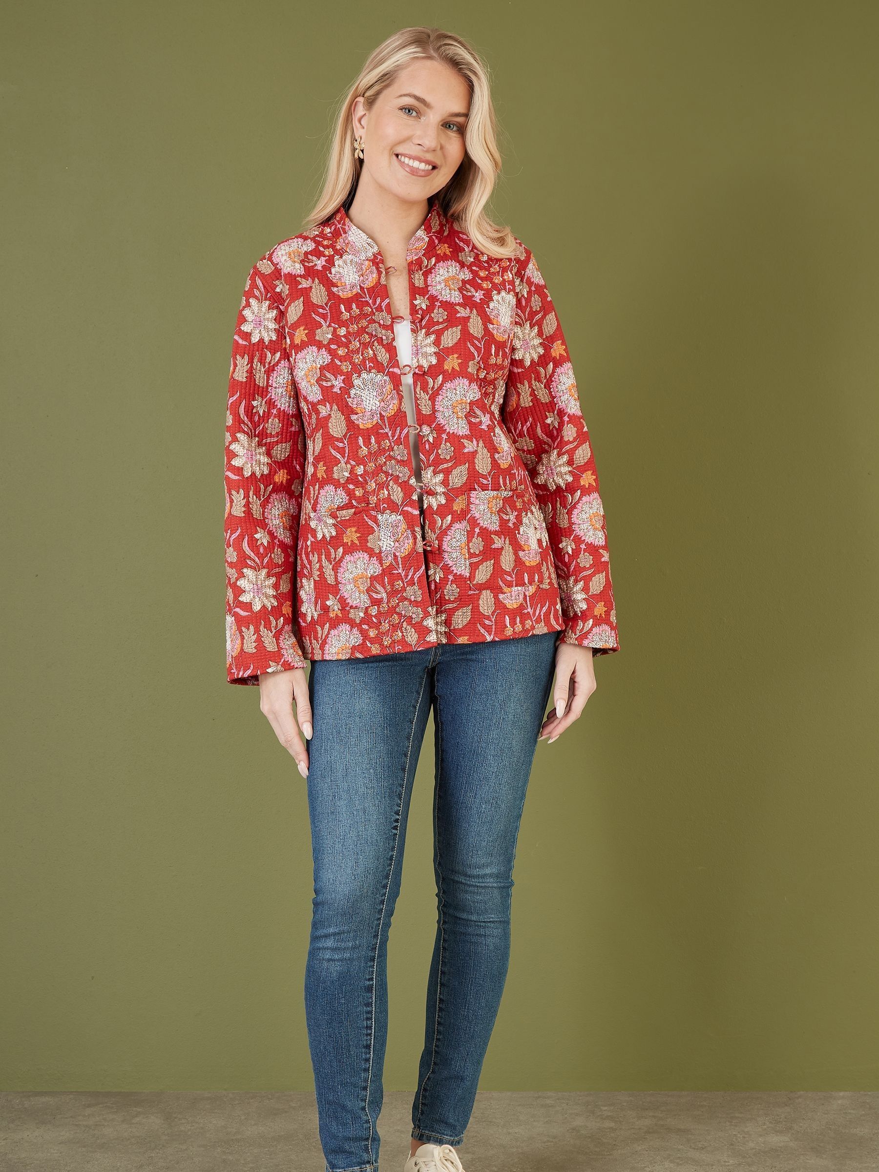 Buy Yumi Red Floral Print Reversible Cotton Quilted Jacket from