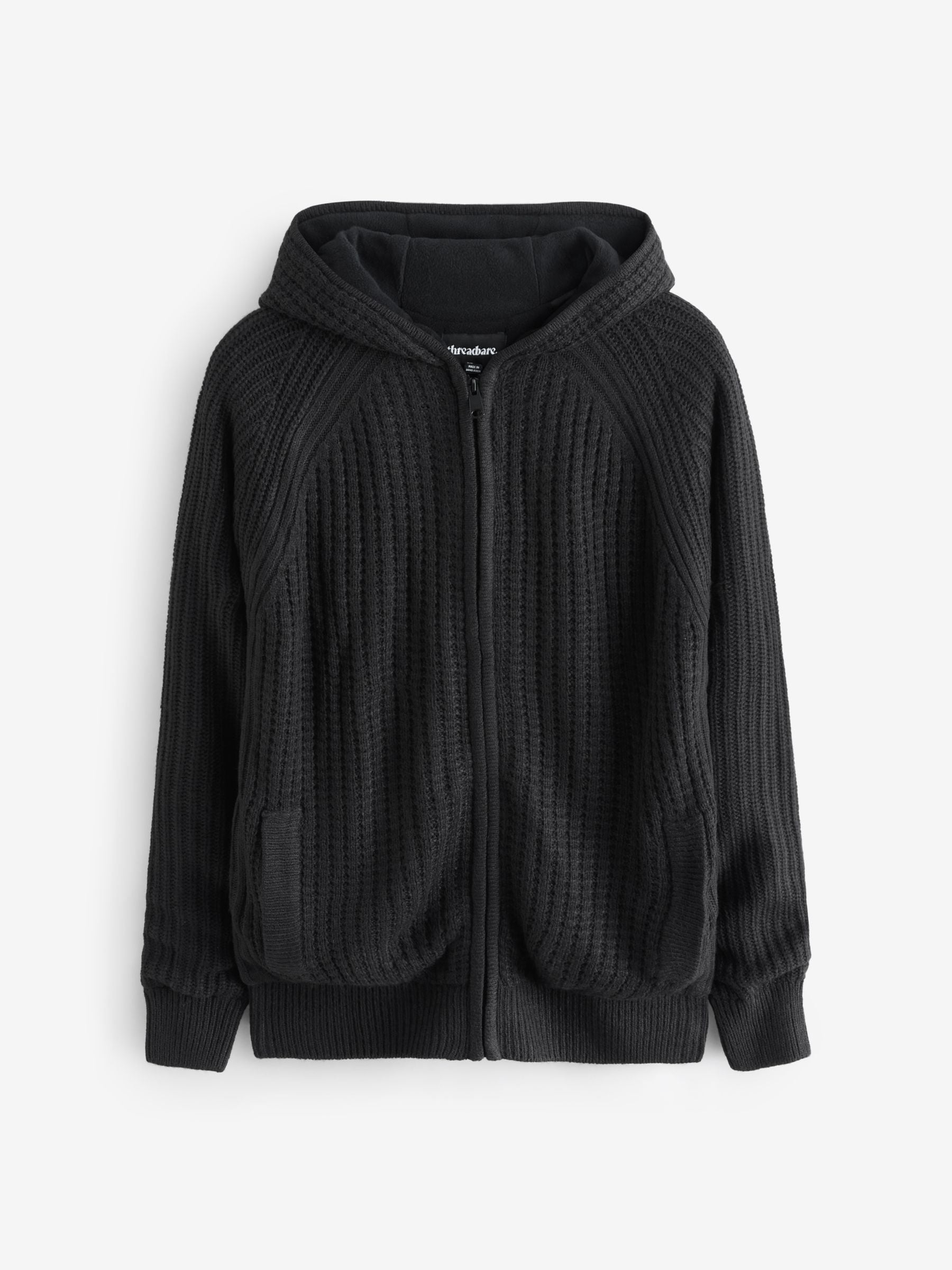 Buy Threadbare Black Zip-Up Knitted Hoodie with Microfleece Lining