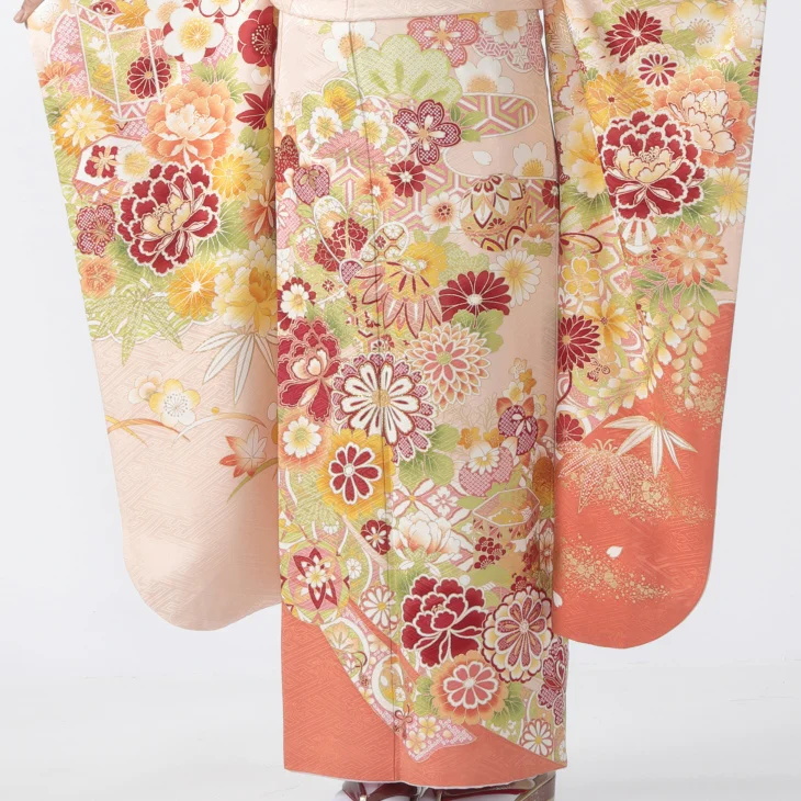 f0721320r2】【ピンク・オレンジ系】振袖 レンタル フルセット Lサイズ