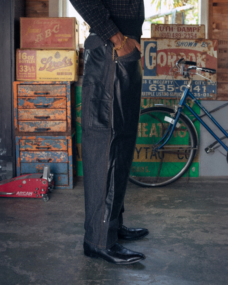 Western Double Knee Leather Switching Wide Denim Pants – YZ