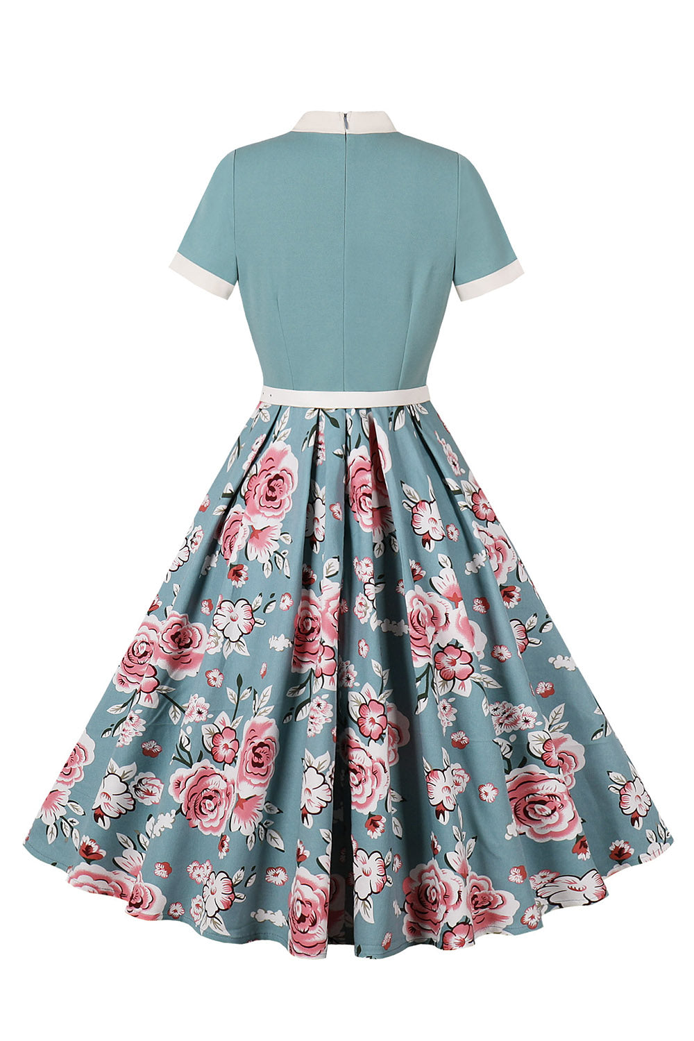 Zapaka Women Blue 1950s Dress with Short Sleeves Floral Printed