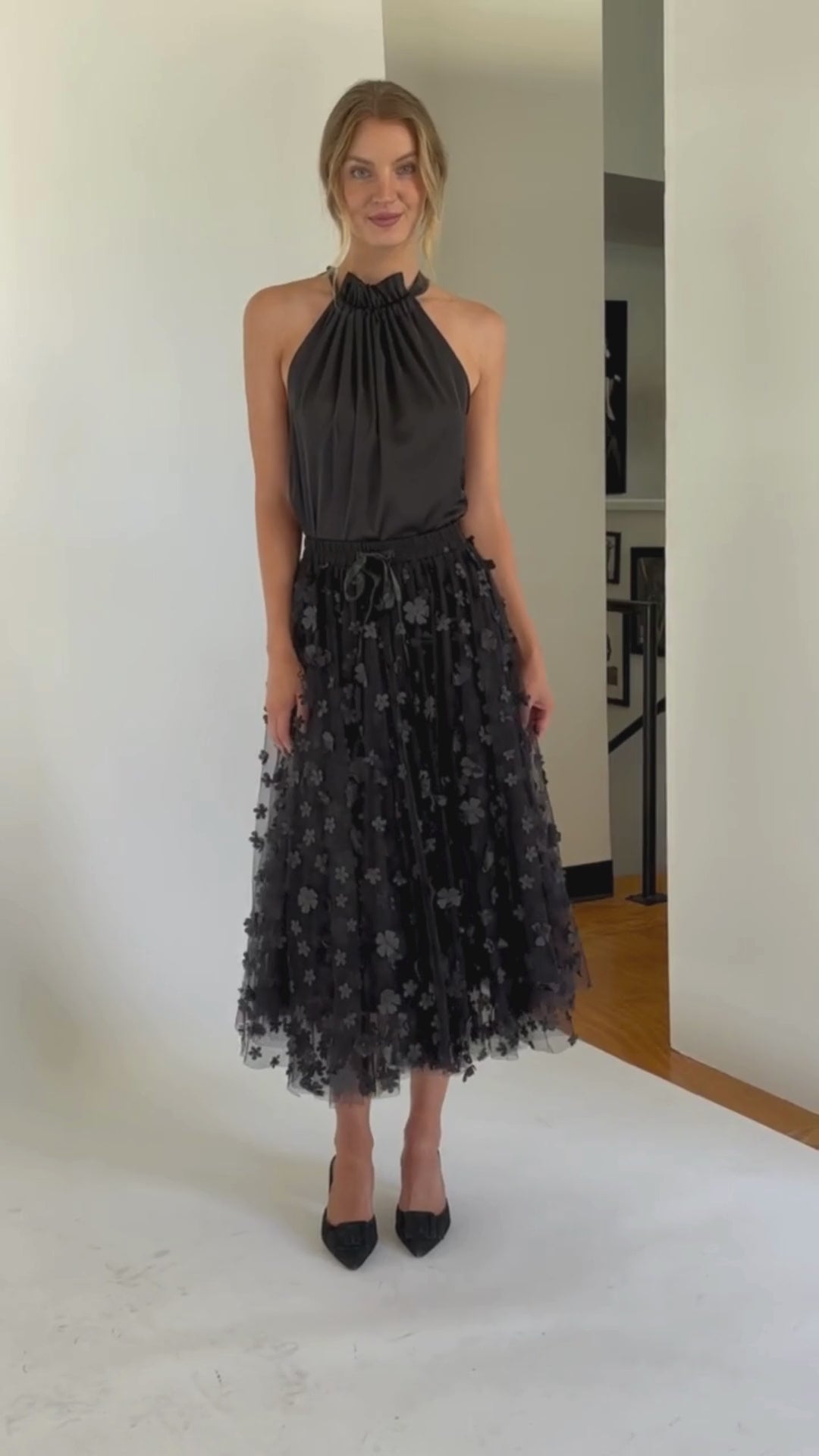 Sue Skirt Black Floral Applique Tulle