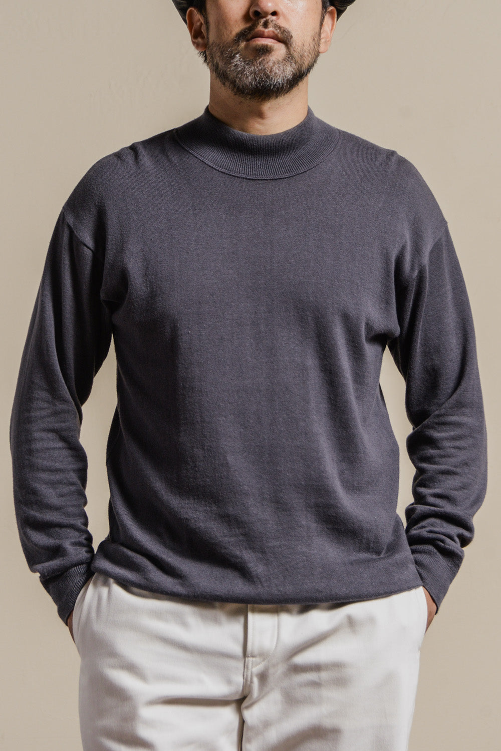 ACV-KNS04 COTTON LINEN RAMIE MOC NECK LONG SLEEVE KNIT TEE