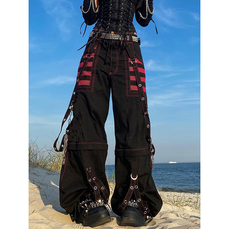 Women Gothic Chain Bandage Wide Leg Pants Women Oversize Low Rise
