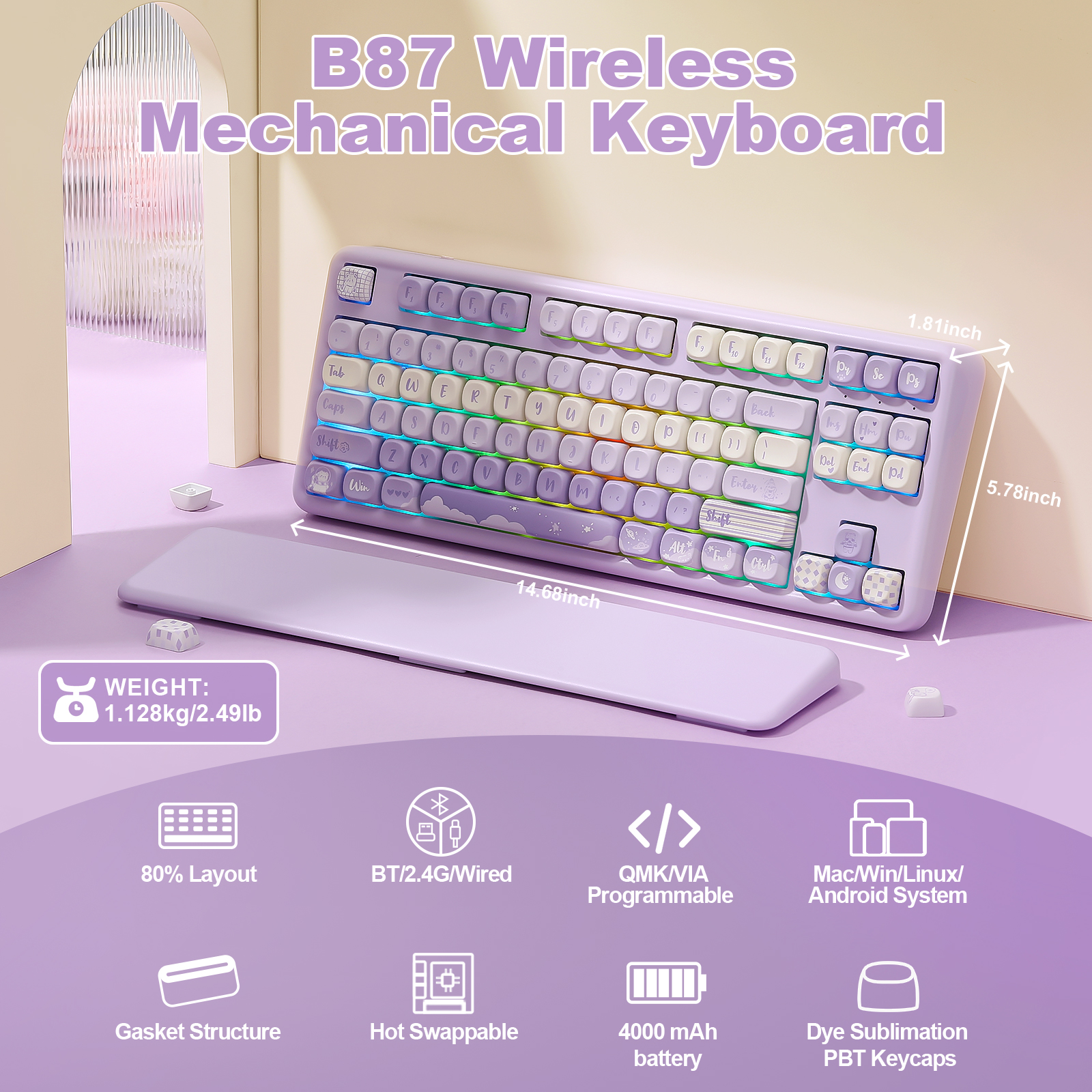 YUNZII B87 Bear メカニカルワイヤレスキーボード、QMK/VIA ゲーミング