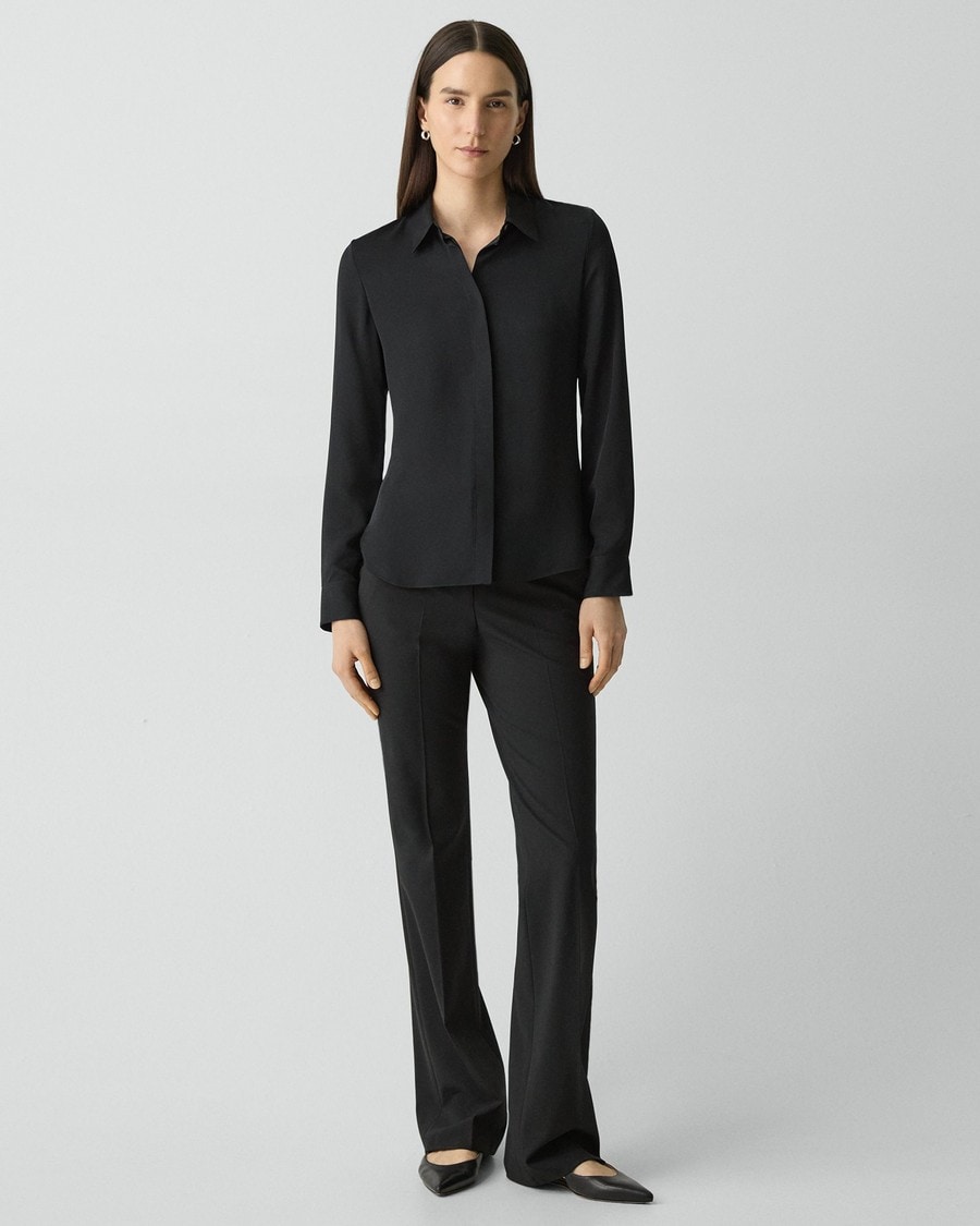 Fitted Shirt in Silk Georgette in Black | Women's Tailored Blouse