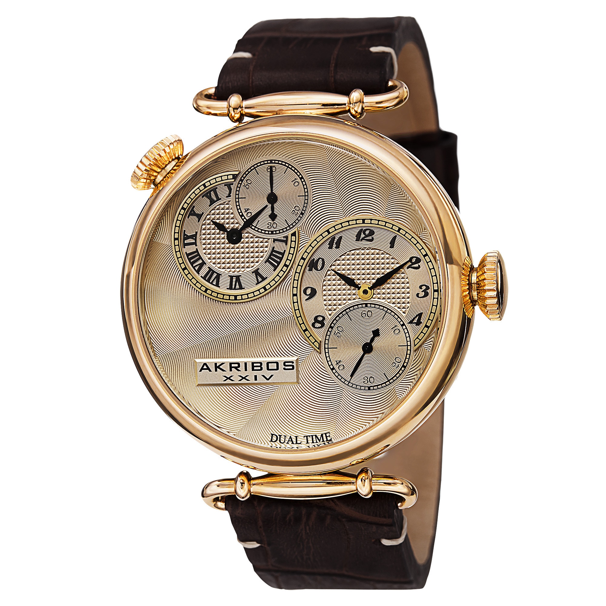 Akribos XXIV Men's Multifunction Step Dial Leather Gold-Tone Strap