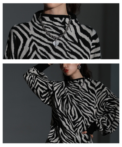レディース 大人 モード モノトーンで着映えるゼブラ柄ニット swkt-129