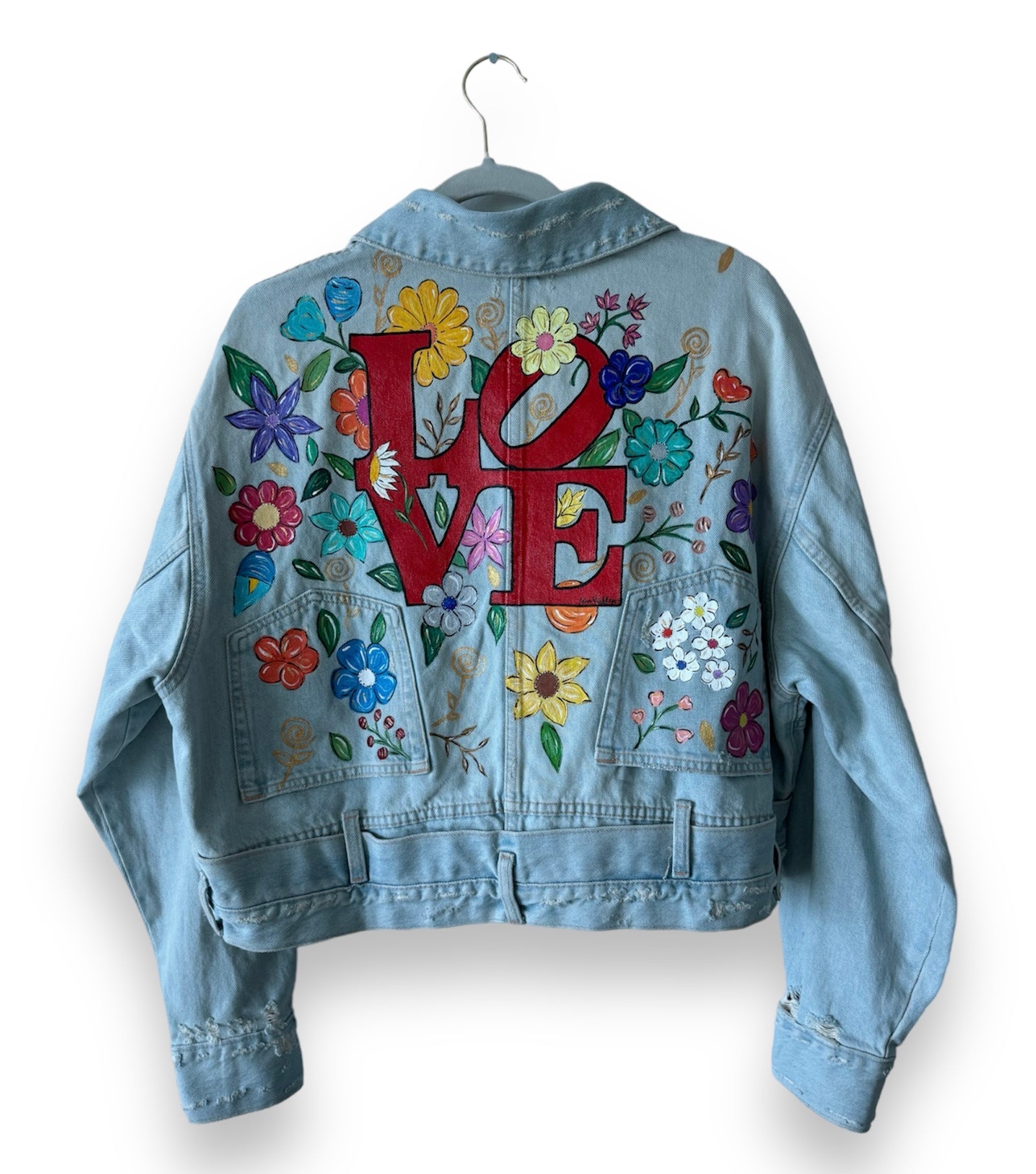 Hand Painted Denim Jacket Flowers in Love V (Size S) Floral Denim