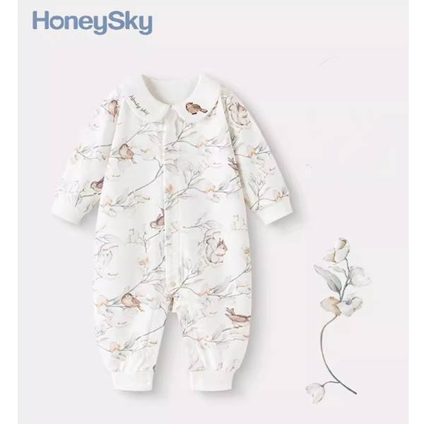 襟付きバード刺繍ロンパース 60cm~100cm｜ベビーのロンパース