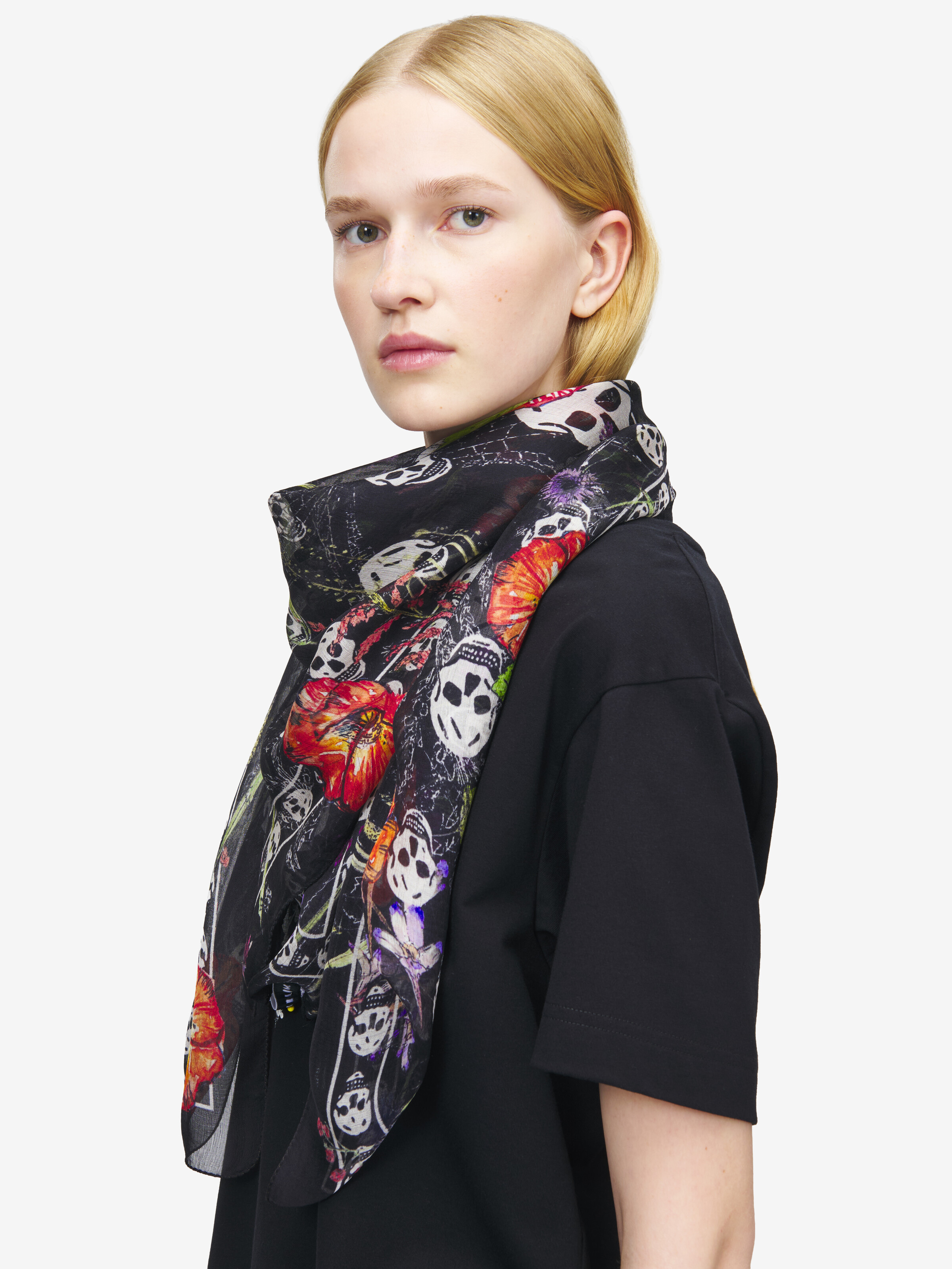 Women's Skull & Spider Floral Scarf in Black/Ivory | McQueen US