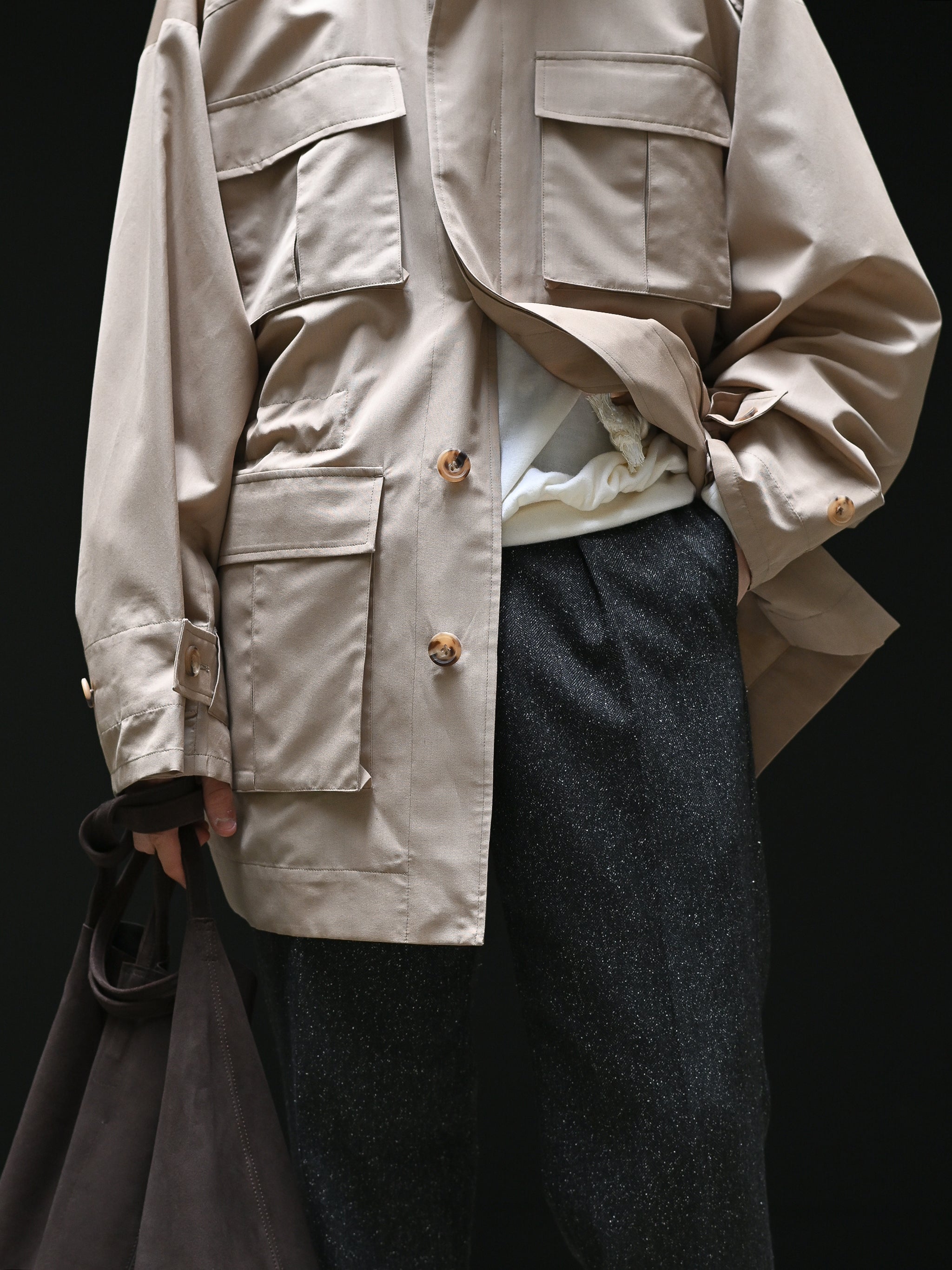 POSTELEGANT / Wool Silk Utility Coat -BEIGE – and father